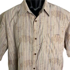 Vintage Mens Jacquard Button Up Shirt XL Beige Striped Short Sleeves Pockets